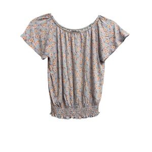 Bailey Lane Medium Floral Smocked Hem Peasant Top Blue Peach KGK10273 RS
